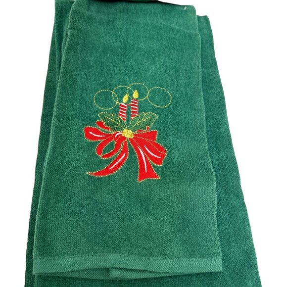 Holiday Towels Bath Set of Three Green Embroidered Bow Holly Candlestick Motif - Picture 7 of 10